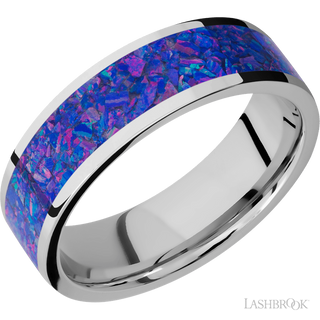 7 mm wide/Flat/Cobalt Chrome band with one 5 mm Centered inlay of Purple Opal.