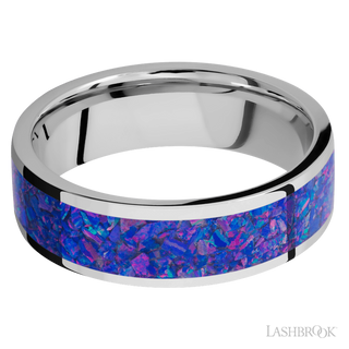 7 mm wide/Flat/Cobalt Chrome band with one 5 mm Centered inlay of Purple Opal.