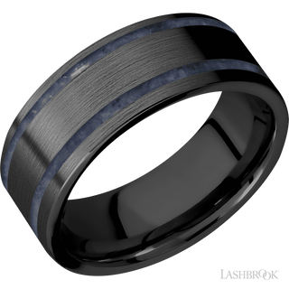 8 mm wide/Flat/Zirconium band with two 1 mm Wide inlays of Sodalite.
