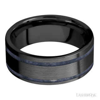 8 mm wide/Flat/Zirconium band with two 1 mm Wide inlays of Sodalite.