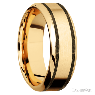 8 mm wide/High Bevel/14K Yellow Gold band with two 1 mm Wide inlays of Gold Tiger Eye.