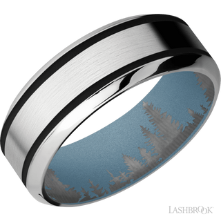 8 mm wide/High Bevel/Cobalt Chrome band with two 1 mm Wide inlays of Black also featuring a Polar Blue sleeve.