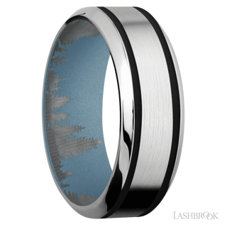 8 mm wide/High Bevel/Cobalt Chrome band with two 1 mm Wide inlays of Black also featuring a Polar Blue sleeve.