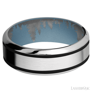 8 mm wide/High Bevel/Cobalt Chrome band with two 1 mm Wide inlays of Black also featuring a Polar Blue sleeve.
