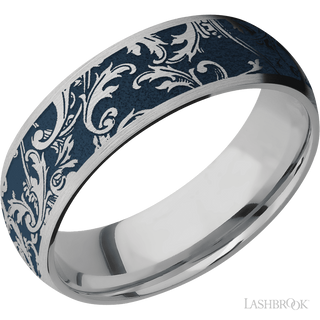 7 mm wide/Domed/Titanium band with a laser carved Black Leaf pattern.