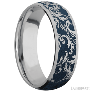 7 mm wide/Domed/Titanium band with a laser carved Black Leaf pattern.
