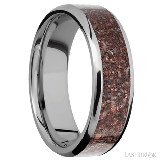 7 mm wide/Beveled/Titanium band with one 5 mm Centered inlay of Dinosaur Bone Mixed.