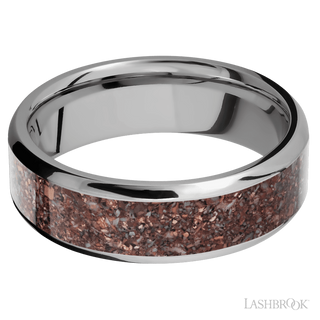 7 mm wide/Beveled/Titanium band with one 5 mm Centered inlay of Dinosaur Bone Mixed.