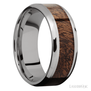 8 mm wide/Beveled/Titanium band with one 5 mm Centered inlay of Sapele.