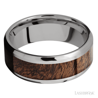 8 mm wide/Beveled/Titanium band with one 5 mm Centered inlay of Sapele.