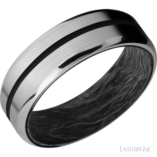 7 mm wide/Beveled/Titanium band with one 1 mm Centered inlay of Black also featuring a Forged Carbon Fiber sleeve.