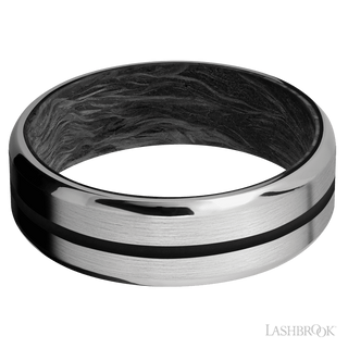 7 mm wide/Beveled/Titanium band with one 1 mm Centered inlay of Black also featuring a Forged Carbon Fiber sleeve.