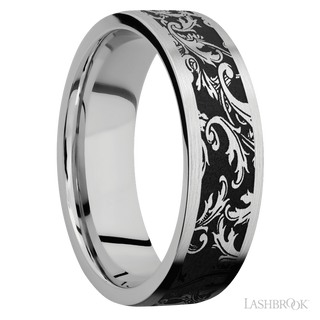 7 mm wide/Flat/Cobalt Chrome band with a laser carved Black Leaf pattern.