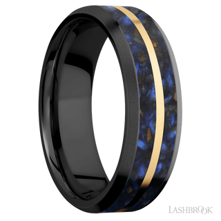 7 mm wide/Beveled/Zirconium band featuring inlays of Blue Tiger Eye and 14K Yellow Gold.