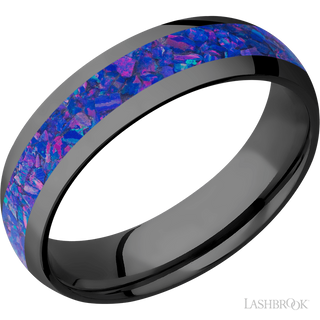 6 mm wide/Domed/Zirconium band with one 3 mm Centered inlay of Purple Opal.