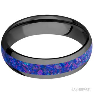 6 mm wide/Domed/Zirconium band with one 3 mm Centered inlay of Purple Opal.