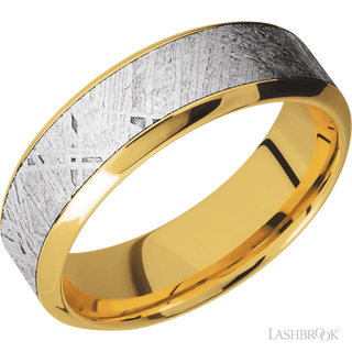 7 mm wide/High Bevel/18K Yellow Gold band with one 4 mm Centered inlay of Meteorite.