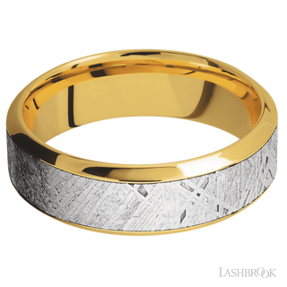 7 mm wide/High Bevel/18K Yellow Gold band with one 4 mm Centered inlay of Meteorite.