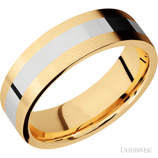 7 mm wide/Flat/14K Yellow Gold band with one 3 mm Centered inlay of 14K White Gold.