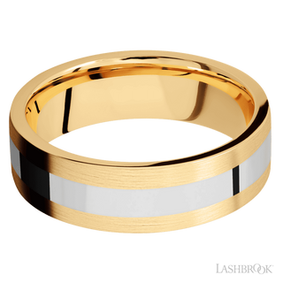 7 mm wide/Flat/14K Yellow Gold band with one 3 mm Centered inlay of 14K White Gold.