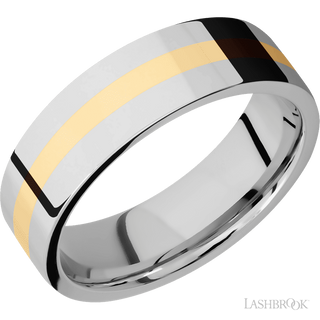 7 mm wide/Flat/14K White Gold band with one 2 mm Centered inlay of 14K Yellow Gold.
