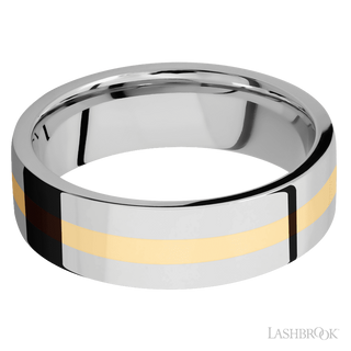 7 mm wide/Flat/14K White Gold band with one 2 mm Centered inlay of 14K Yellow Gold.
