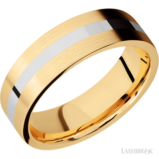 7 mm wide/Flat/14K Yellow Gold band with one 2 mm Centered inlay of 14K White Gold.