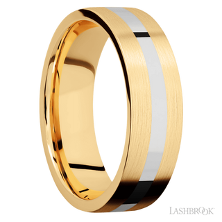 7 mm wide/Flat/14K Yellow Gold band with one 2 mm Centered inlay of 14K White Gold.