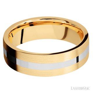 7 mm wide/Flat/14K Yellow Gold band with one 2 mm Centered inlay of 14K White Gold.