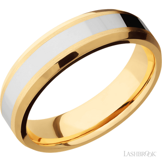 6 mm wide/Beveled/14K Yellow Gold band with one 3 mm Centered inlay of 14K White Gold.