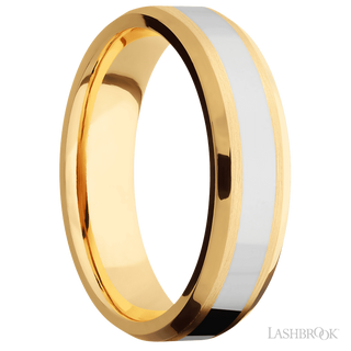 6 mm wide/Beveled/14K Yellow Gold band with one 3 mm Centered inlay of 14K White Gold.
