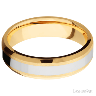 6 mm wide/Beveled/14K Yellow Gold band with one 3 mm Centered inlay of 14K White Gold.