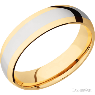 6 mm wide/Domed/14K Yellow Gold band with one 3 mm Centered inlay of 14K White Gold.