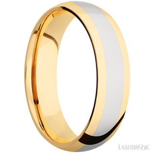6 mm wide/Domed/14K Yellow Gold band with one 3 mm Centered inlay of 14K White Gold.