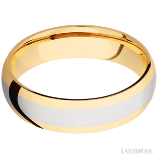 6 mm wide/Domed/14K Yellow Gold band with one 3 mm Centered inlay of 14K White Gold.