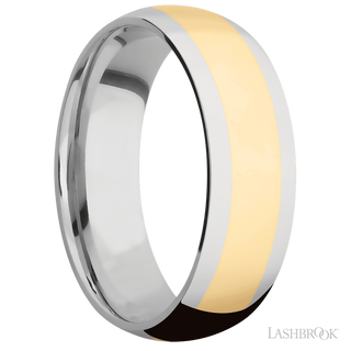 7 mm wide/Domed/14K White Gold band with one 4 mm Centered inlay of 14K Yellow Gold.