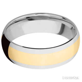 7 mm wide/Domed/14K White Gold band with one 4 mm Centered inlay of 14K Yellow Gold.