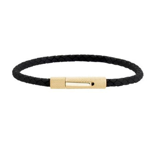 GOLD STEEL BLACK LEATHER BRACELET 4MM 8"