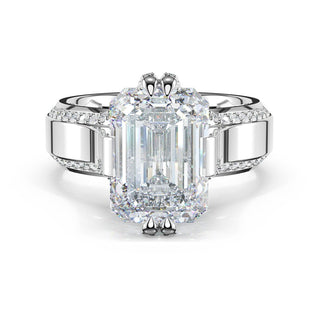 Emerald Wide Band Solitaire Engagement Ring in Platinum