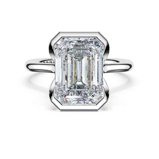 Emerald North/South Semi-Bezel Pavé-Prong Ring in Platinum