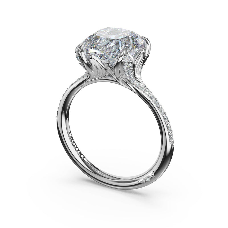 Cushion Pavé Petal Solitaire Engagement Ring in Platinum