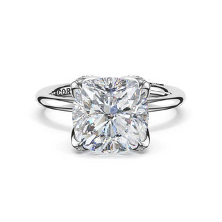 Cushion Sculpted Petal-Pavé-Prong Solitaire in 18kt White Gold