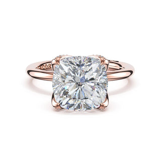 Cushion Sculpted Petal-Pavé-Prong Solitaire in 18kt Rose Gold