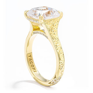 Scroll Hand Engraved Wide Band Cushion Solitaire Engagement Ring
