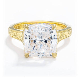 Scroll Hand Engraved Wide Band Cushion Solitaire Engagement Ring