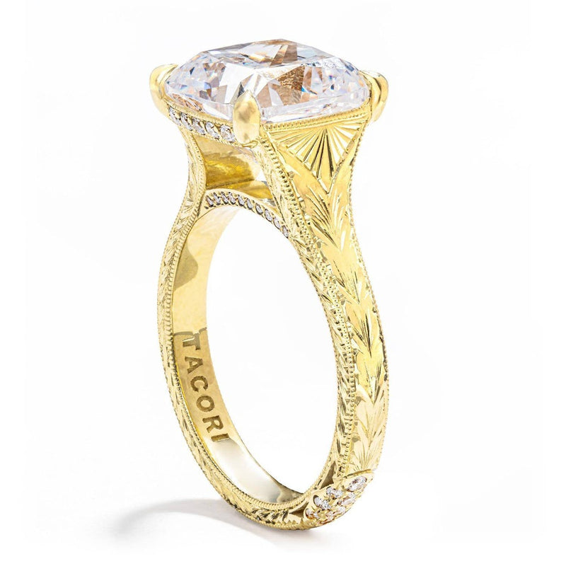 Wheat Hand Engraved Wide Band Cushion Solitaire Engagement Ring